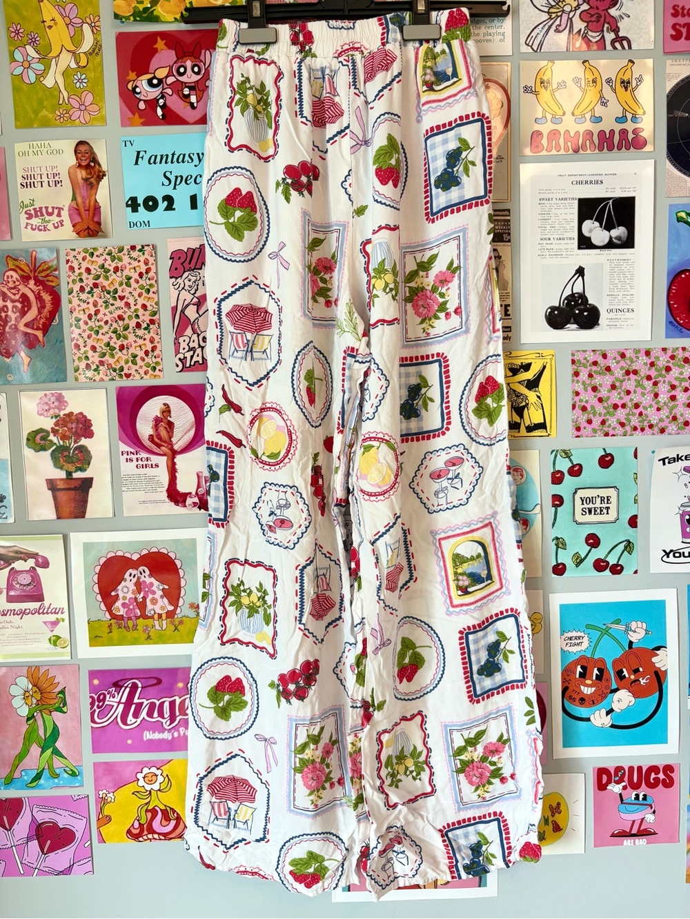 Fun Floral Patchwork Wide-Leg Lounge Pants - With fruits and strawberries